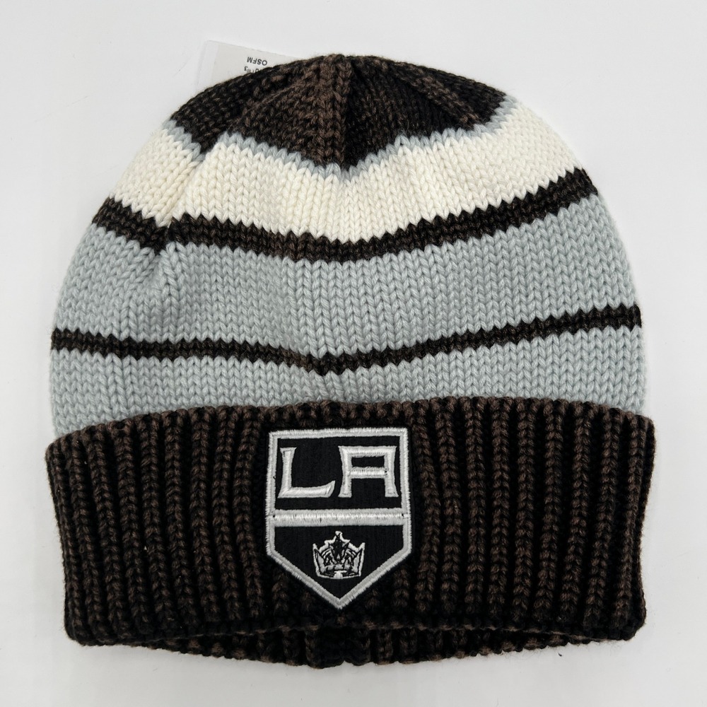 Adidas LA Kings NHL Beanie Knit Hat Black White Grey Striped OSFM NEW